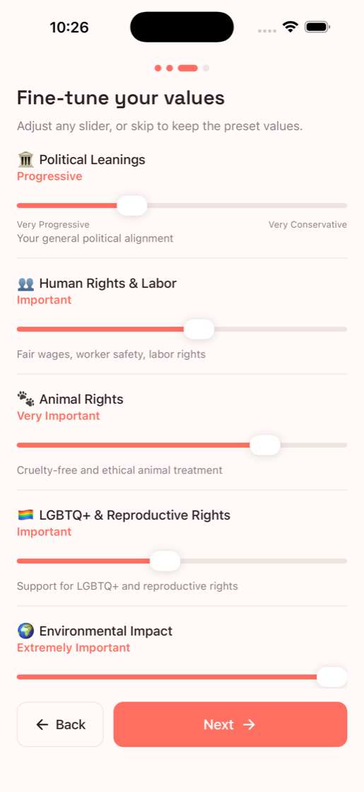 Customizing value sliders: political leanings, human rights, animal rights, environment