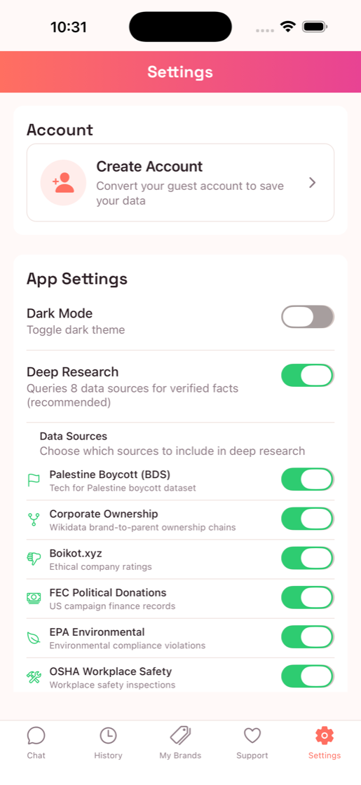 App settings showing the verified data sources powering every analysis